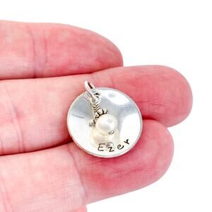 Vintage Sterling Silver 925 Round “Ezer” Pearl Accent Charm Pendant